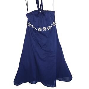 Ann Taylor LOFT Navy Beaded Halter Dress 100% Cotton Size 10 A1.6
